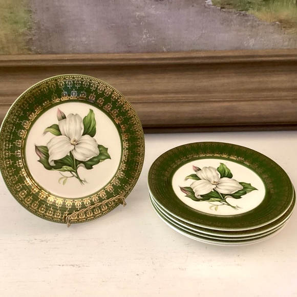 6 bread plates American Limoges L'Triomphe Trillium Forest Green Dinnerware 22K - Picture 10 of 10
